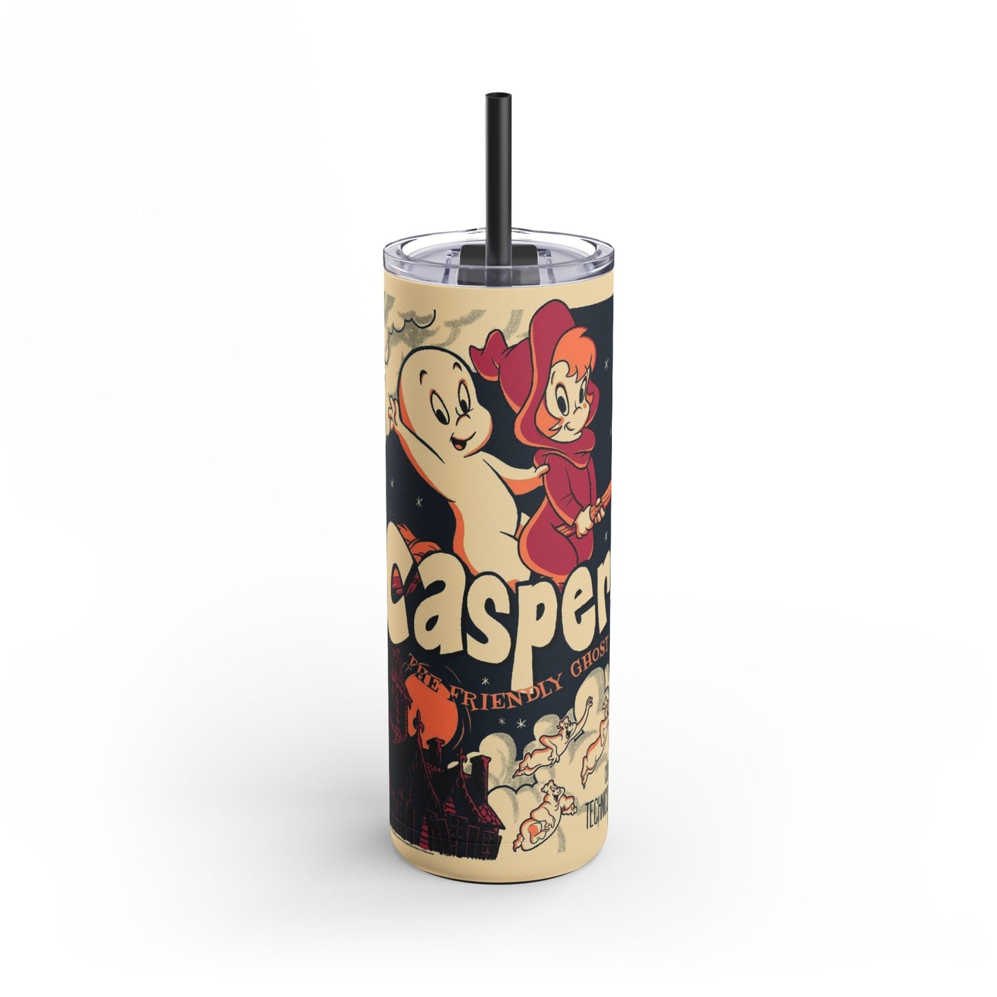 Casper Inspired Skinny Tumbler | 20oz Matte Travel Mug | Ghost Theme Drinkware for Halloween, Gift for Kids, Cute Collectible, Party Favors