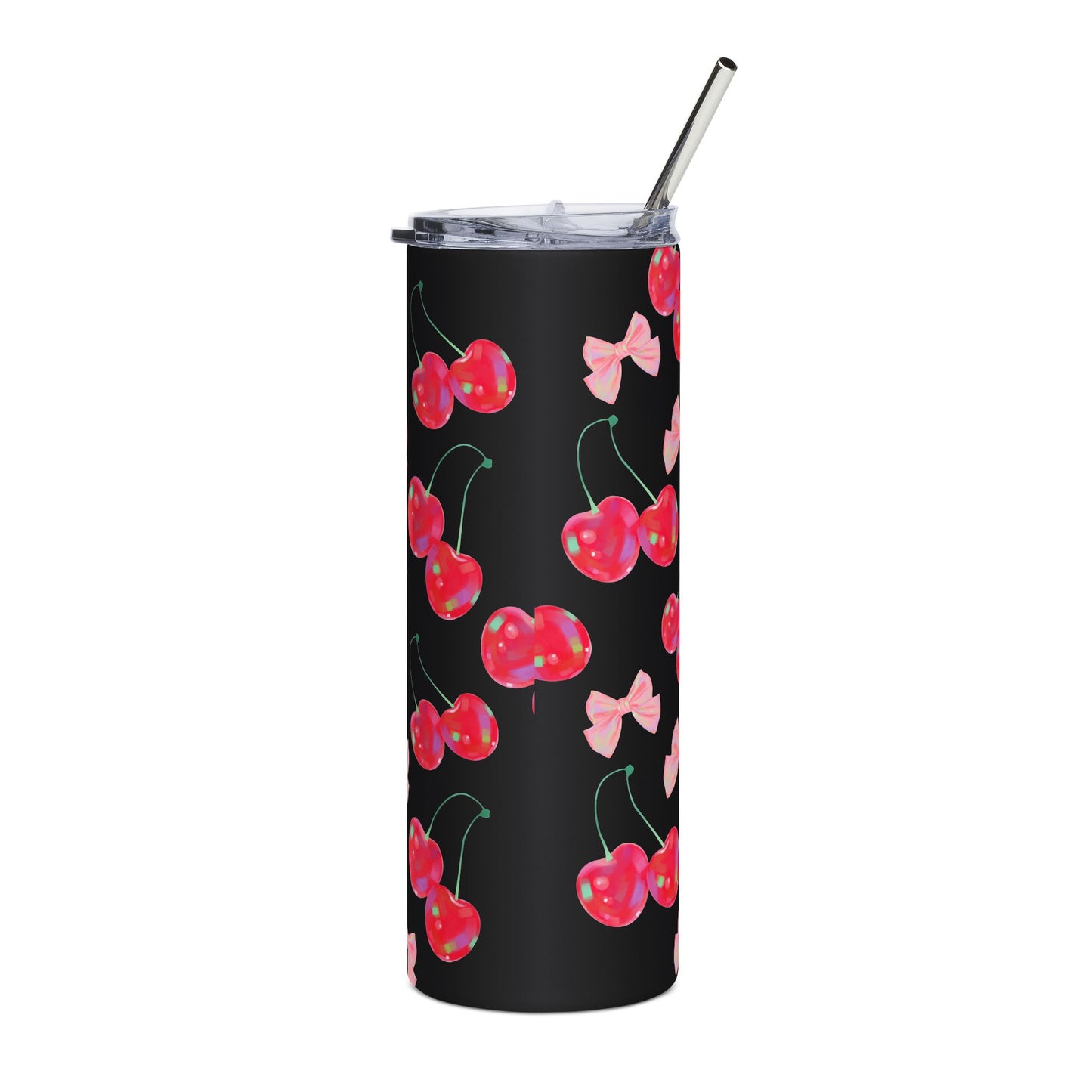 Chic Cherry Pattern Stainless Steel Tumbler - 20oz Insulated Travel Cup with Straw