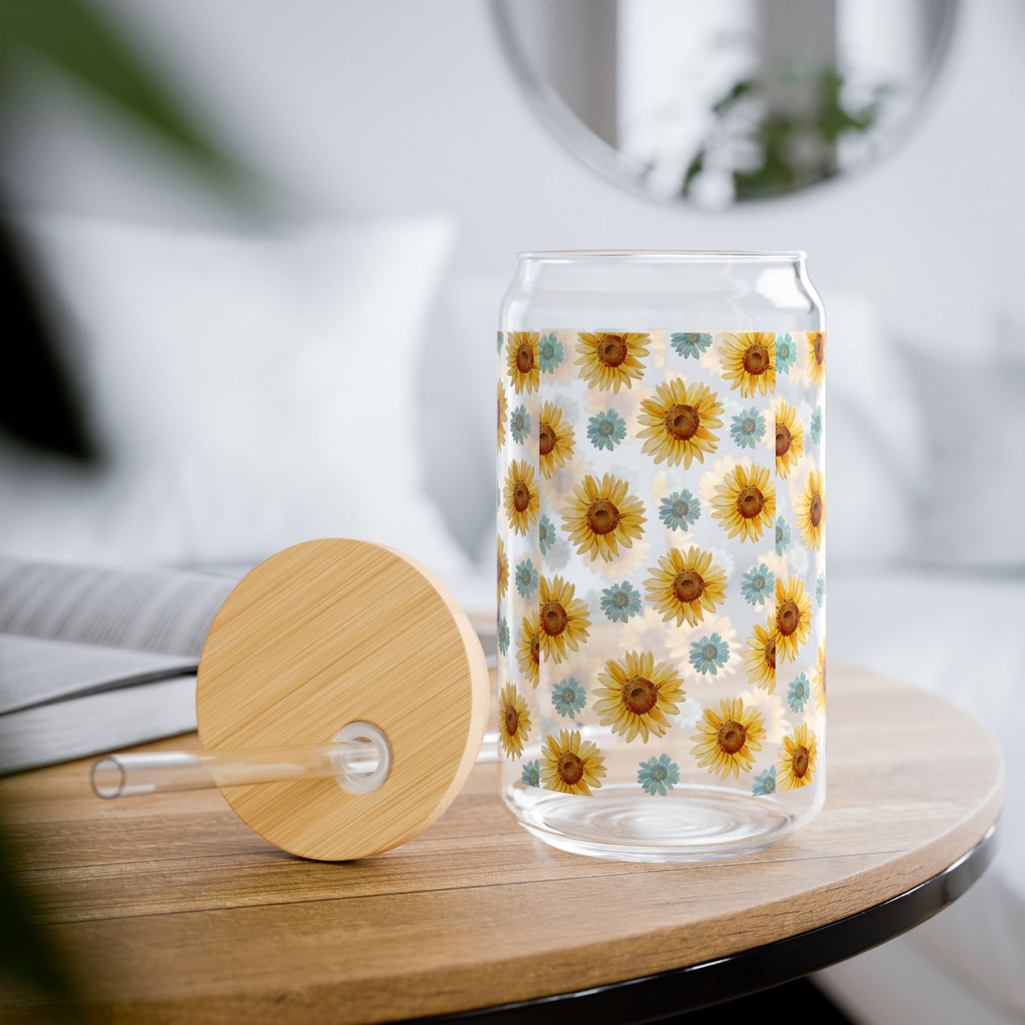 Sunflower Patterned Sipper Glass - 16oz Eco-Friendly Drinking Jar