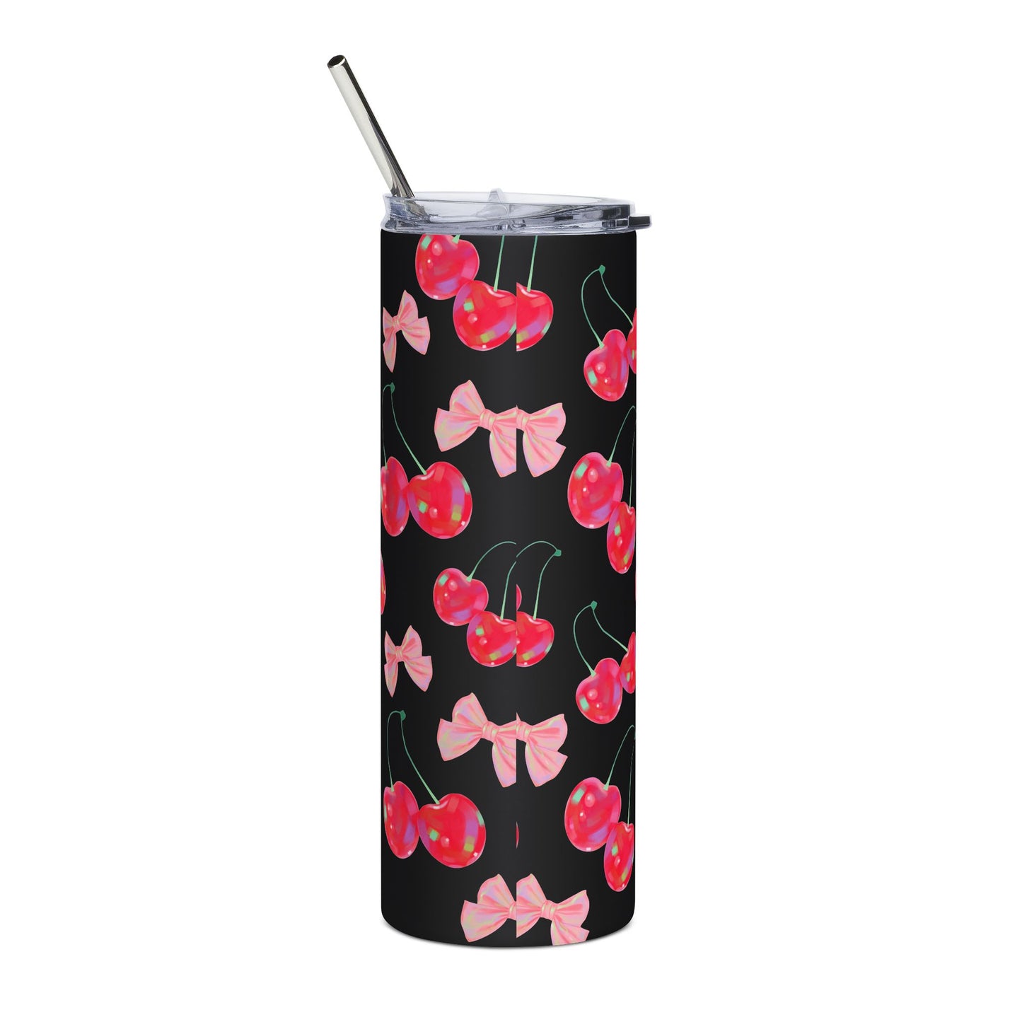 Chic Cherry Pattern Stainless Steel Tumbler - 20oz Insulated Travel Cup with Straw