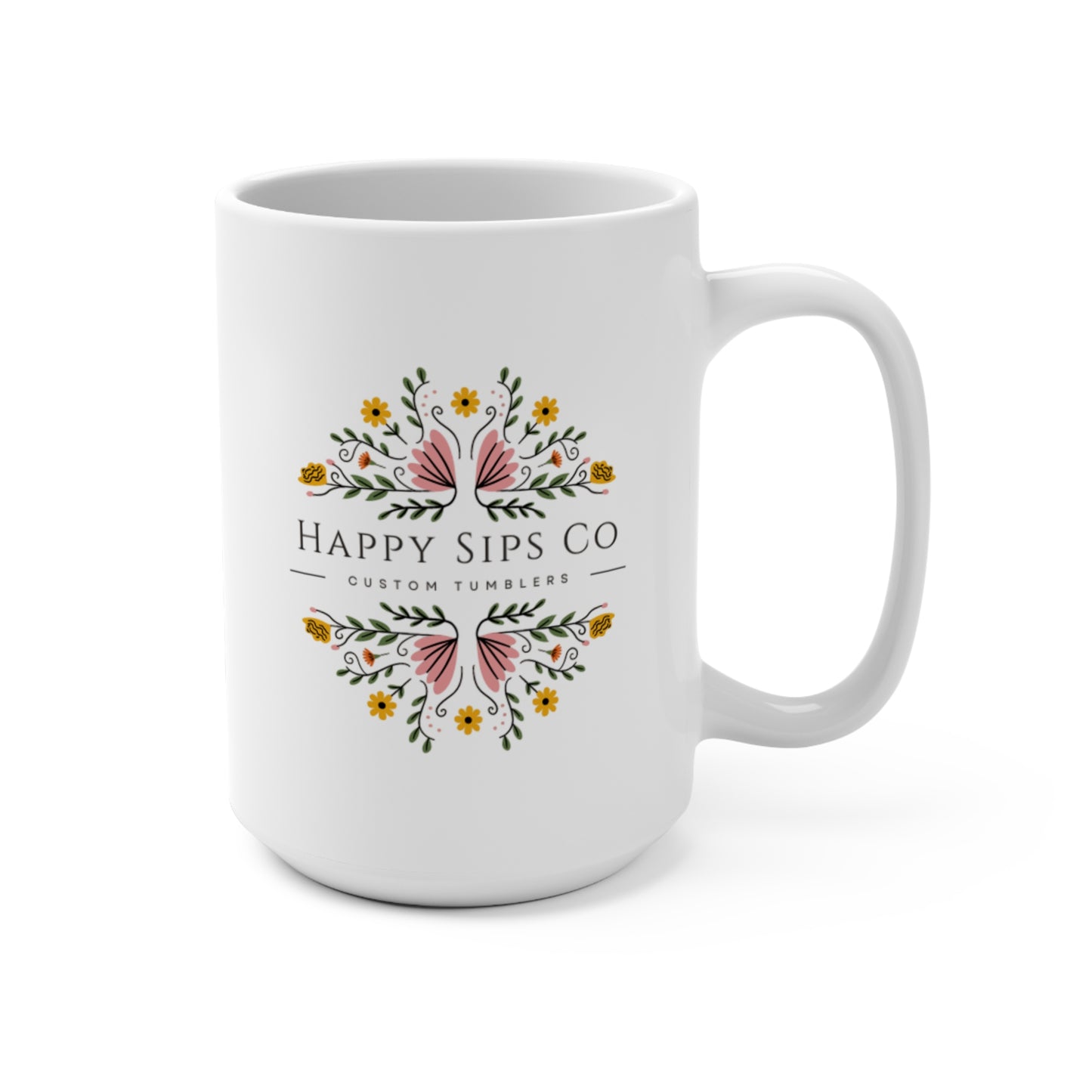 Floral Design Coffee Mug - Happy Sips Co - 15oz Custom Drinkware