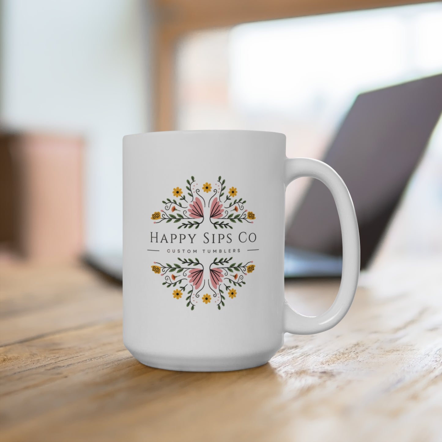 Floral Design Coffee Mug - Happy Sips Co - 15oz Custom Drinkware