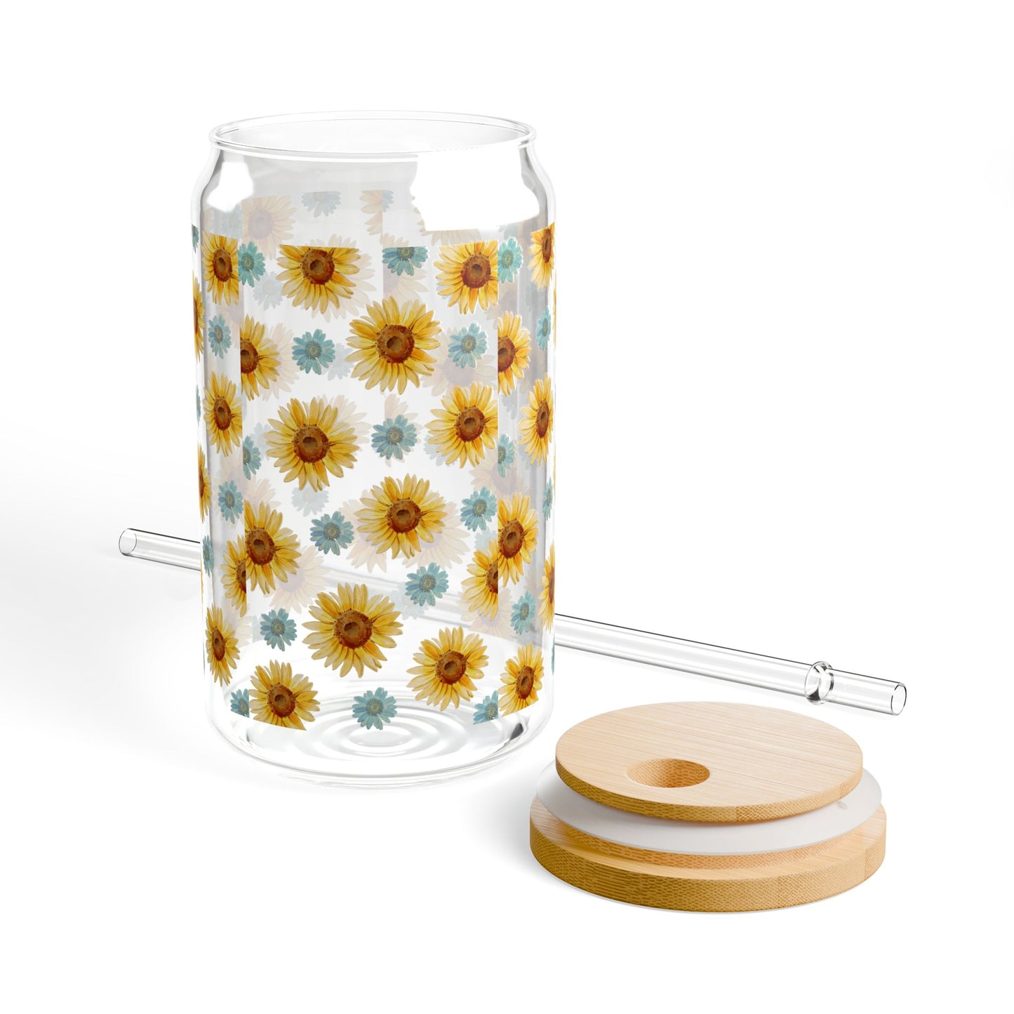 Sunflower Patterned Sipper Glass - 16oz Eco-Friendly Drinking Jar