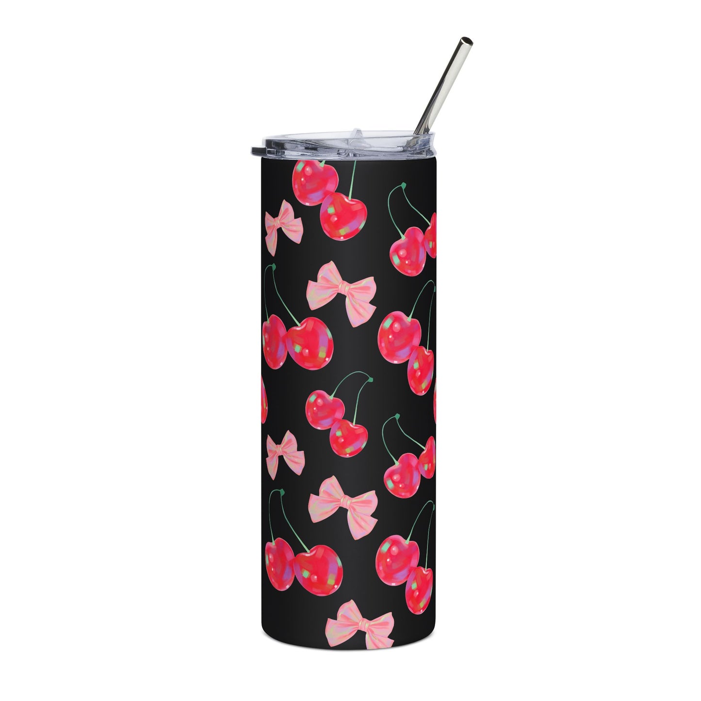 Chic Cherry Pattern Stainless Steel Tumbler - 20oz Insulated Travel Cup with Straw