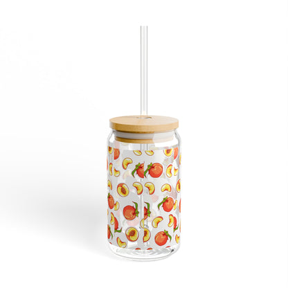 Peach Pattern 16oz Sipper Glass with Bamboo Lid & Straw — Reusable Fruit Drink Tumbler