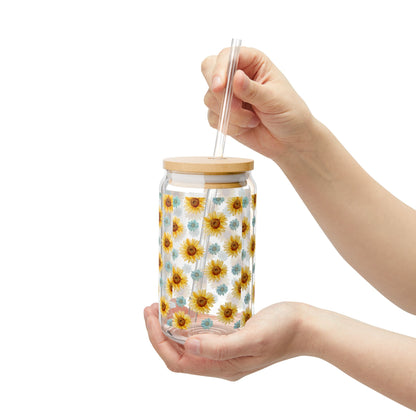 Sunflower Patterned Sipper Glass - 16oz Eco-Friendly Drinking Jar