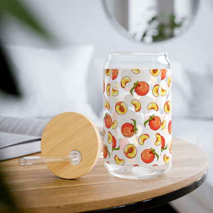 Peach Pattern 16oz Sipper Glass with Bamboo Lid & Straw — Reusable Fruit Drink Tumbler