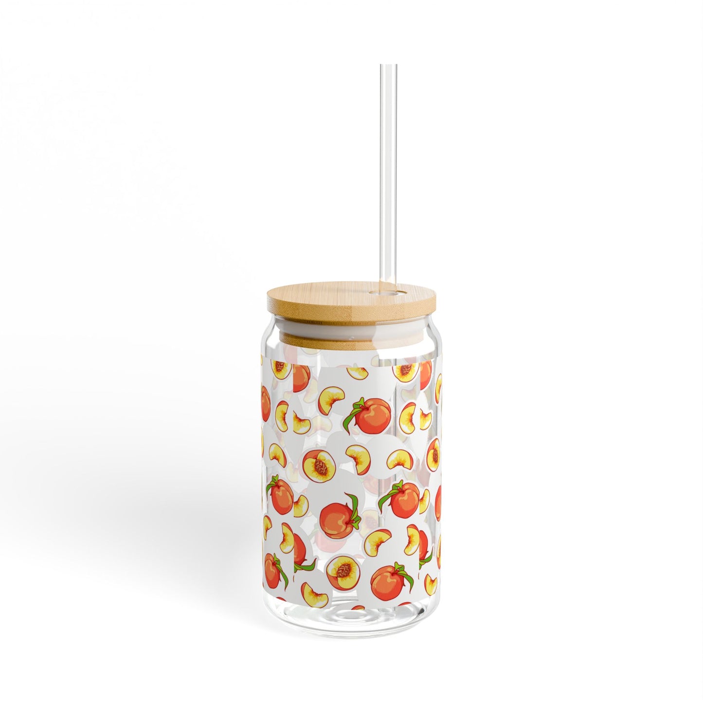 Peach Pattern 16oz Sipper Glass with Bamboo Lid & Straw — Reusable Fruit Drink Tumbler