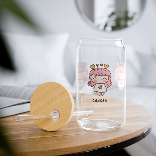 Cute Cancer Zodiac Sipper Glass - 16oz, Astrology Gift, Personalized Drinkware, Kawaii Style, Zodiac Sign Mug, Party Favor, Cancer Theme