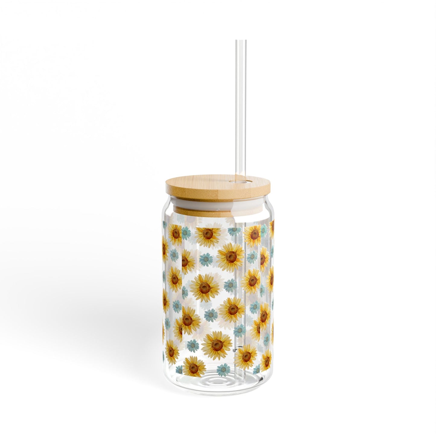 Sunflower Patterned Sipper Glass - 16oz Eco-Friendly Drinking Jar