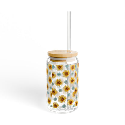 Sunflower Patterned Sipper Glass - 16oz Eco-Friendly Drinking Jar