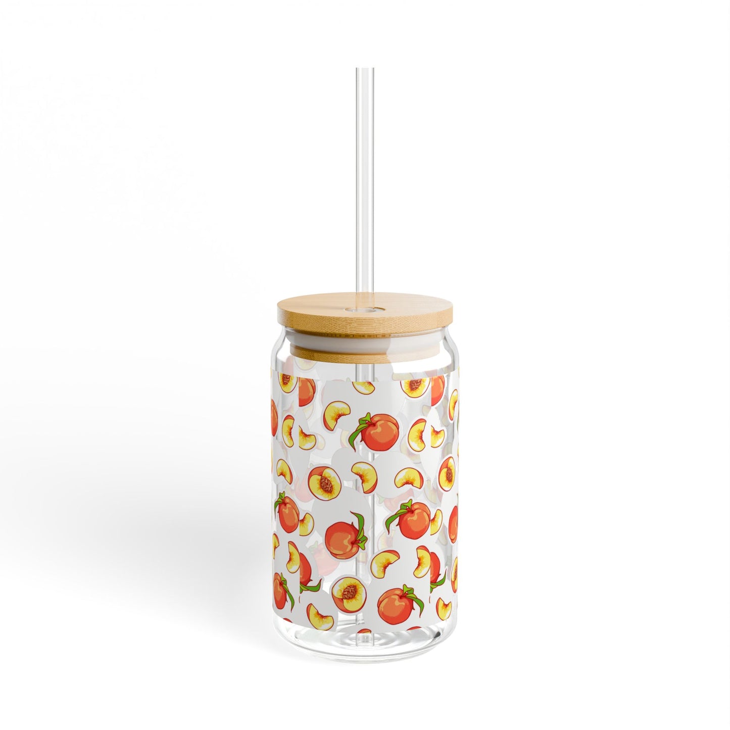 Peach Pattern 16oz Sipper Glass with Bamboo Lid & Straw — Reusable Fruit Drink Tumbler