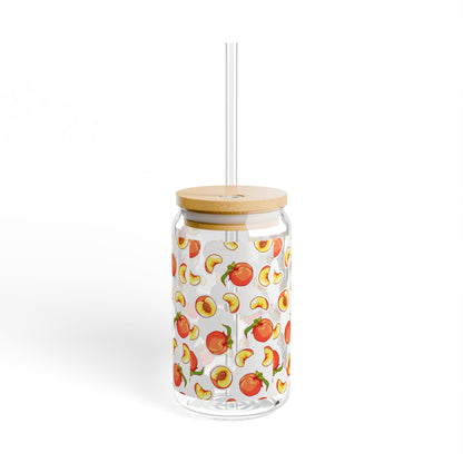 Peach Pattern 16oz Sipper Glass with Bamboo Lid & Straw — Reusable Fruit Drink Tumbler