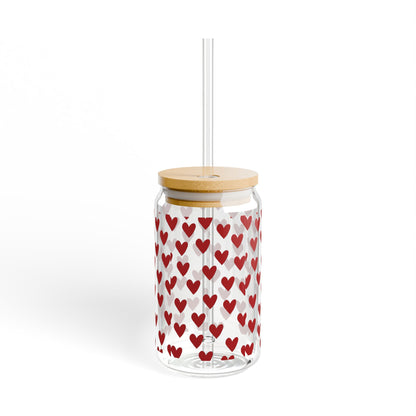 Heart Pattern Sipper Glass 16oz – Red Hearts Reusable Drink Cup with Straw (Valentine’s Gift)