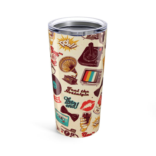 Retro Nostalgia Tumbler | 20oz Travel Mug | Vintage Sticker Design | Perfect Gift for Music Lovers, Retro Decor, Coffee, Tea