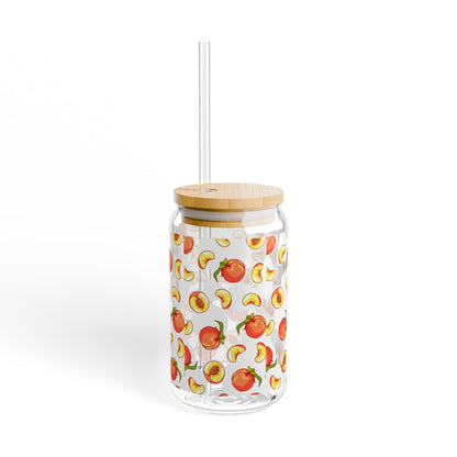 Peach Pattern 16oz Sipper Glass with Bamboo Lid & Straw — Reusable Fruit Drink Tumbler