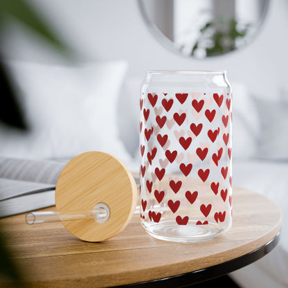 Heart Pattern Sipper Glass 16oz – Red Hearts Reusable Drink Cup with Straw (Valentine’s Gift)