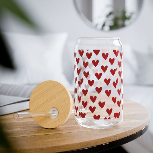 Heart Pattern Sipper Glass 16oz – Red Hearts Reusable Drink Cup with Straw (Valentine’s Gift)