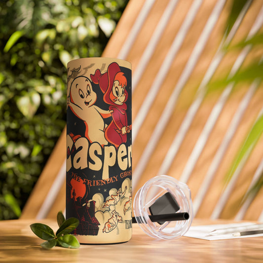 Casper Inspired Skinny Tumbler | 20oz Matte Travel Mug | Ghost Theme Drinkware for Halloween, Gift for Kids, Cute Collectible, Party Favors
