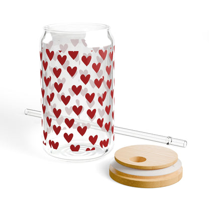 Heart Pattern Sipper Glass 16oz – Red Hearts Reusable Drink Cup with Straw (Valentine’s Gift)