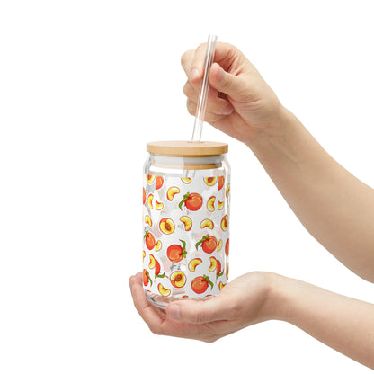 Peach Pattern 16oz Sipper Glass with Bamboo Lid & Straw — Reusable Fruit Drink Tumbler