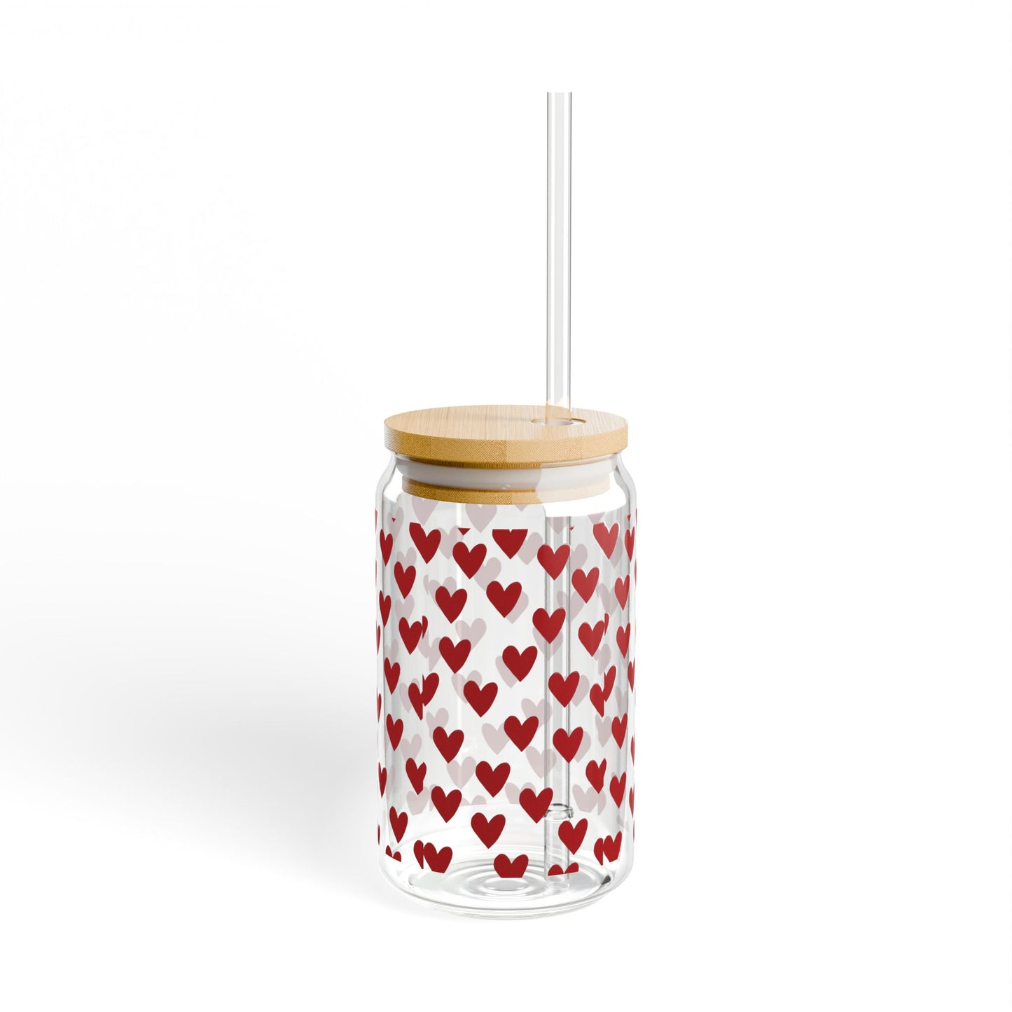 Heart Pattern Sipper Glass 16oz – Red Hearts Reusable Drink Cup with Straw (Valentine’s Gift)