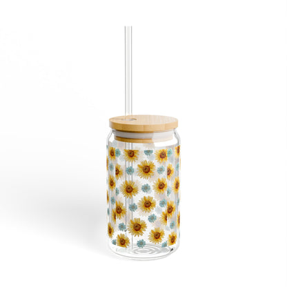 Sunflower Patterned Sipper Glass - 16oz Eco-Friendly Drinking Jar
