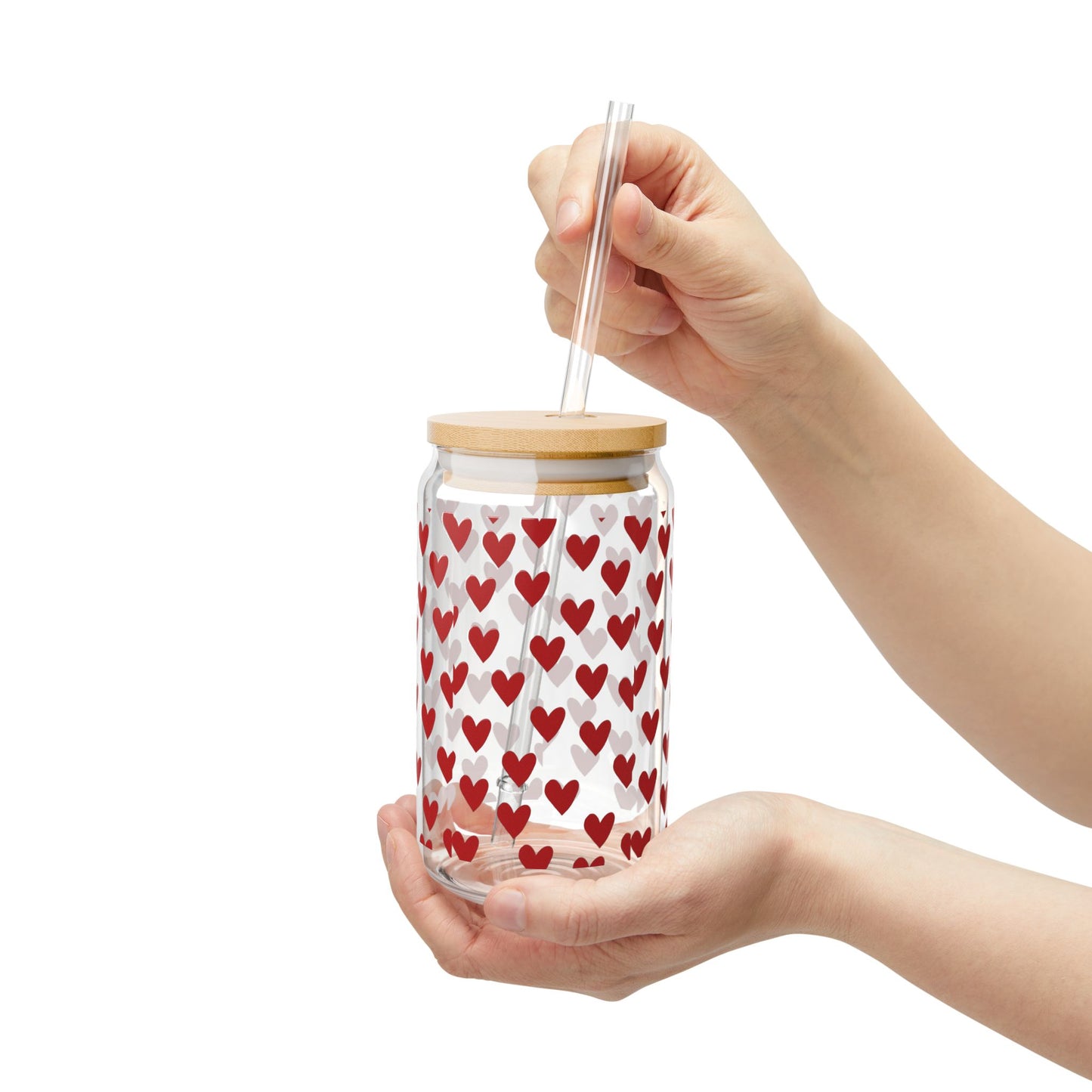 Heart Pattern Sipper Glass 16oz – Red Hearts Reusable Drink Cup with Straw (Valentine’s Gift)
